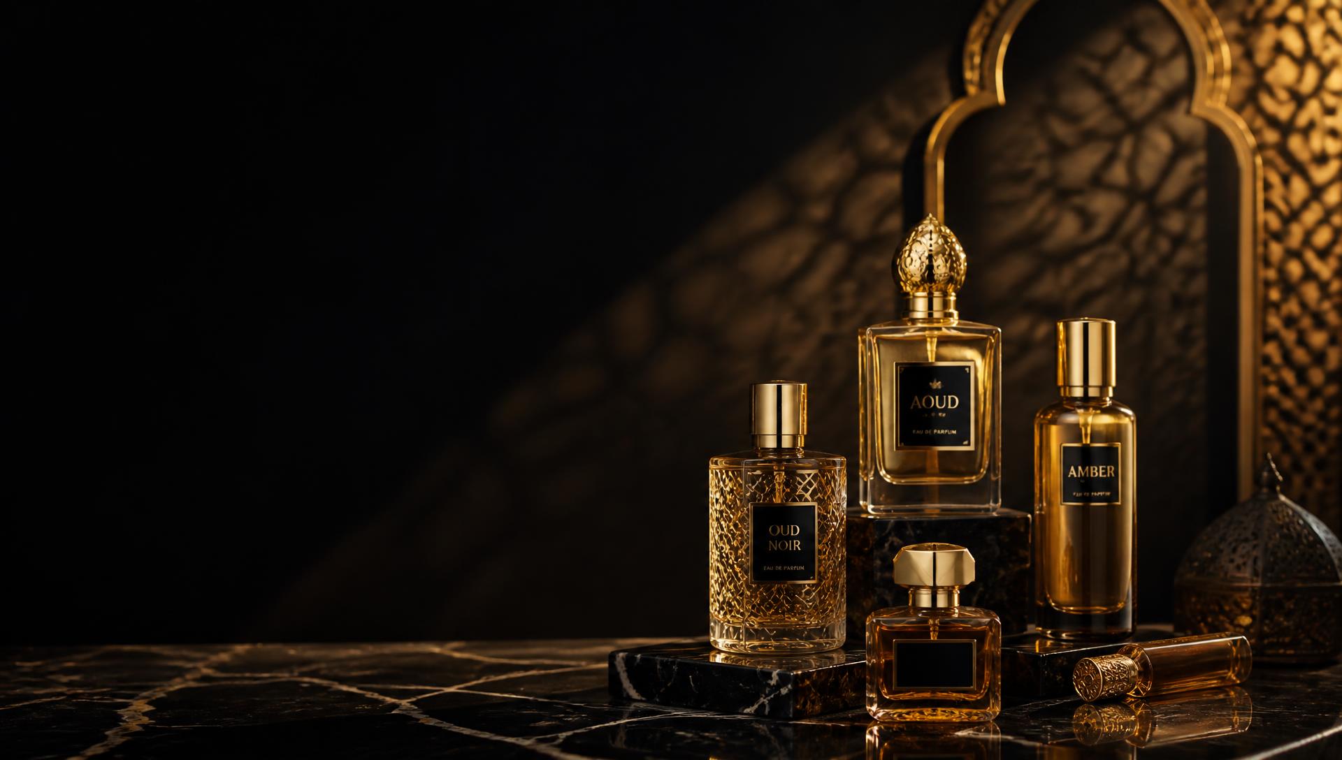 Flacons de parfums de luxe sur marbre noir